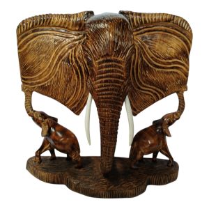 Hand-Carved Wooden Elephant Family Sculpture.